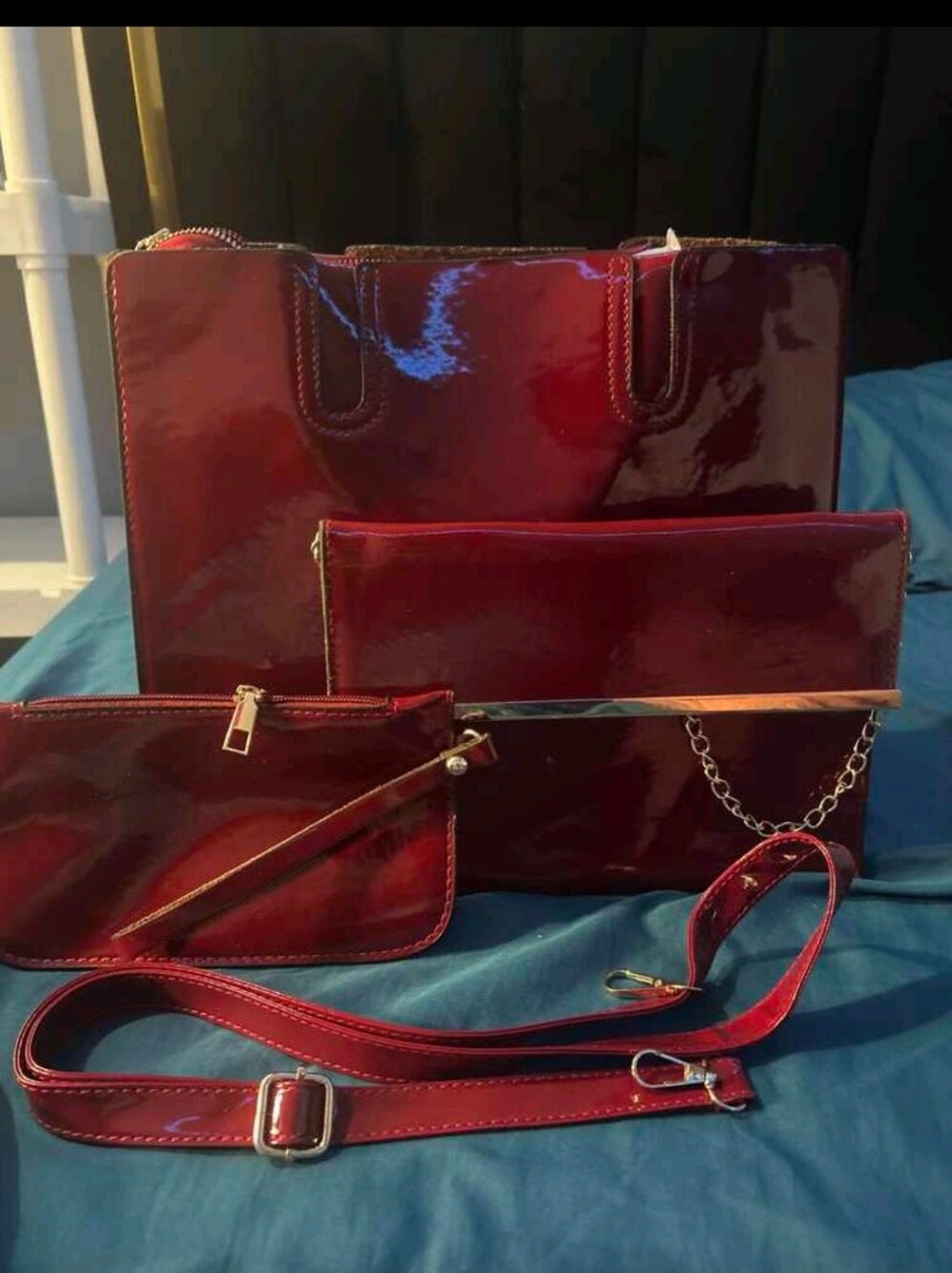 Patent Leather Tote & Crossbody Set in Deep Red